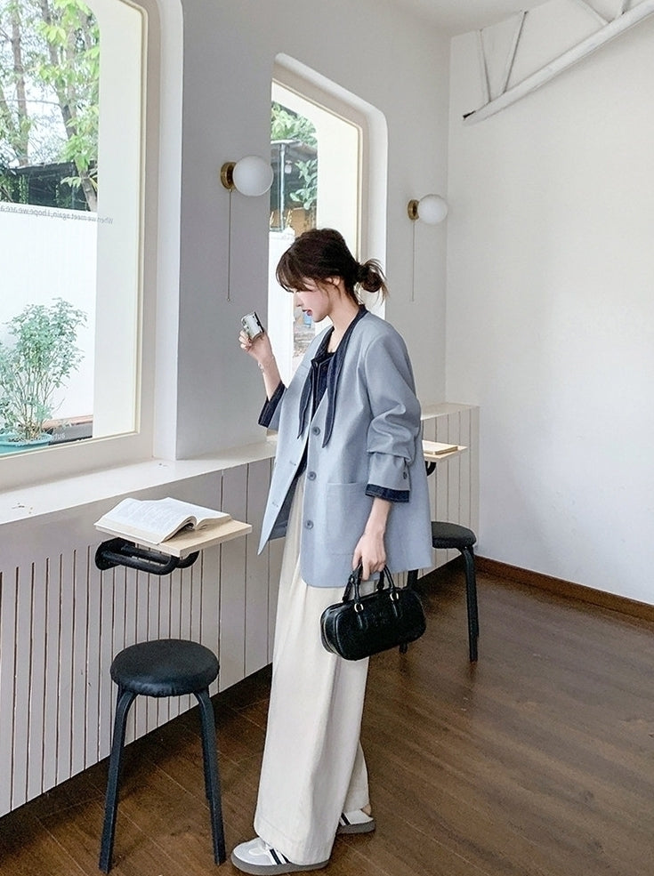 Blue Korean Style Sweet Cool Patchwork Casual Blazer