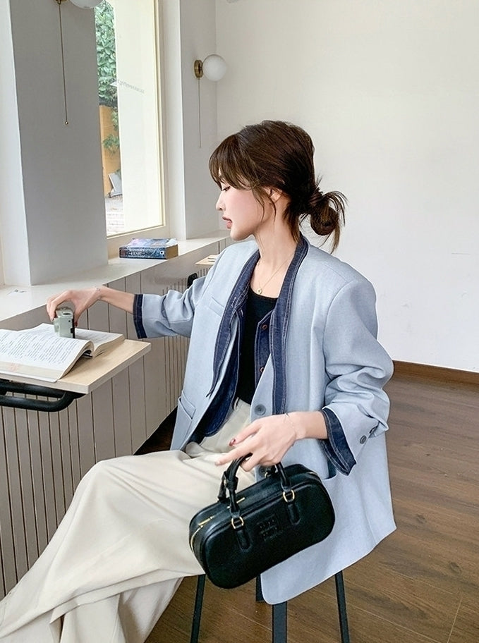 Blue Korean Style Sweet Cool Patchwork Casual Blazer