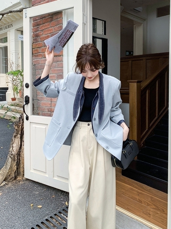 Blue Korean Style Sweet Cool Patchwork Casual Blazer