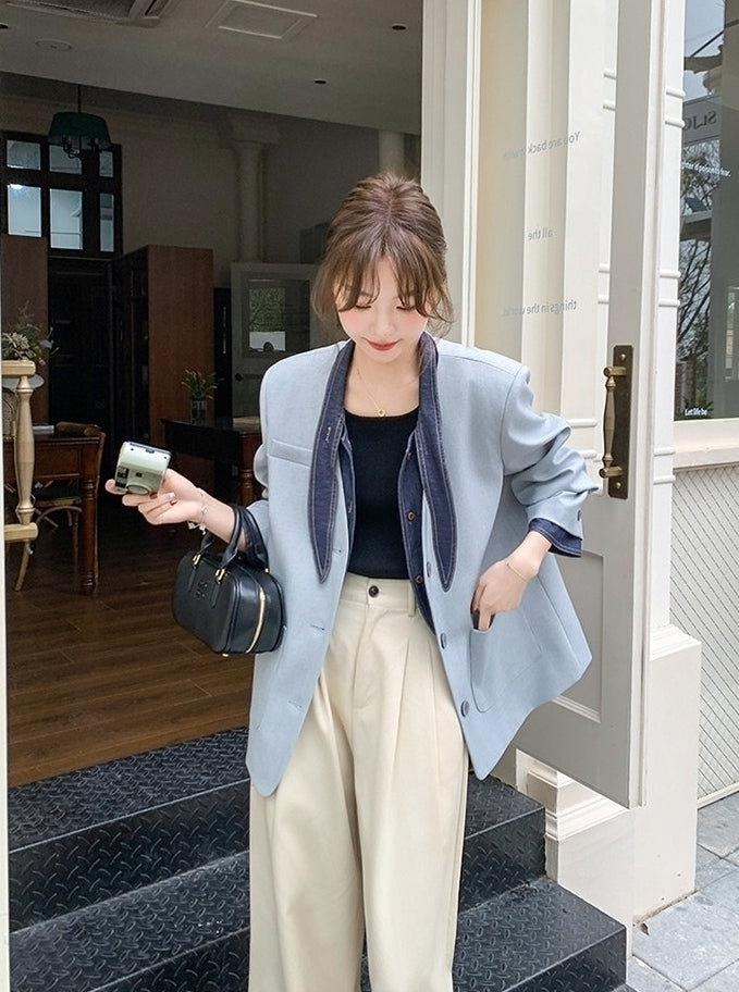 Blue Korean Style Sweet Cool Patchwork Casual Blazer
