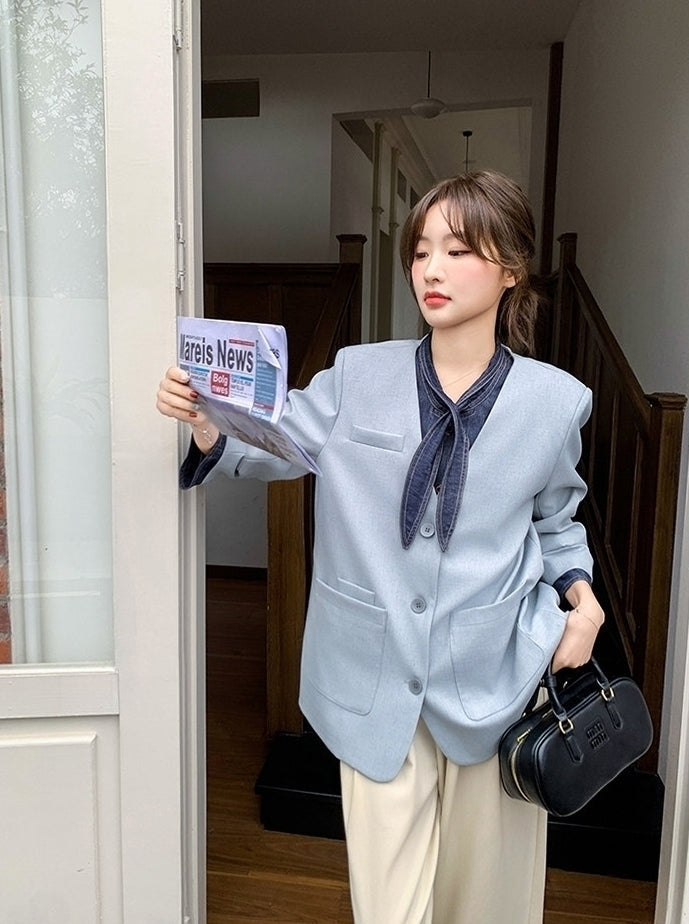 Blue Korean Style Sweet Cool Patchwork Casual Blazer