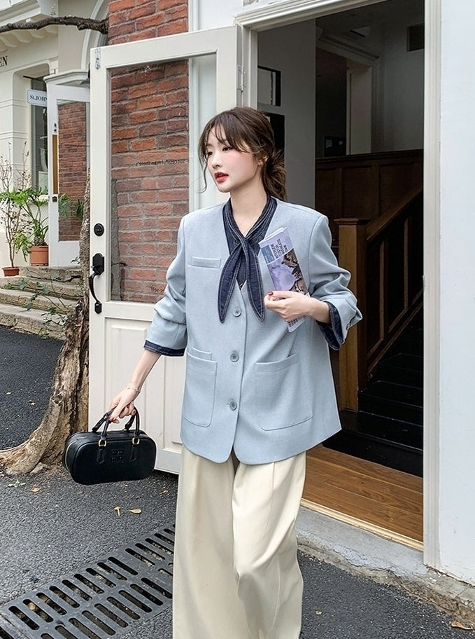Blue Korean Style Sweet Cool Patchwork Casual Blazer