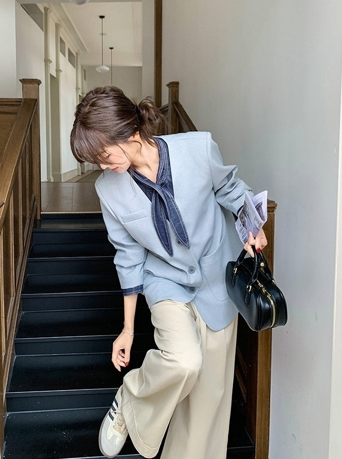 Blue Korean Style Sweet Cool Patchwork Casual Blazer
