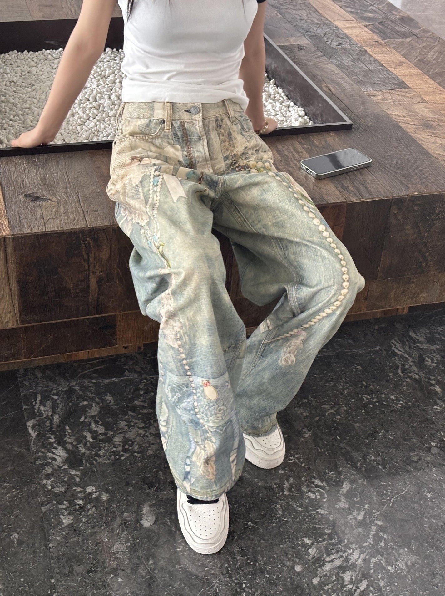 Blue Lace Pearl Beads Printed Vintage Jeans