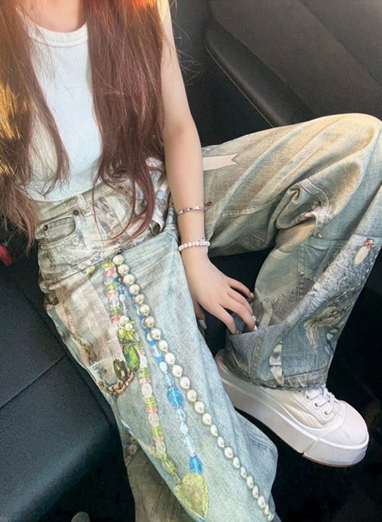 Blue Lace Pearl Beads Printed Vintage Jeans