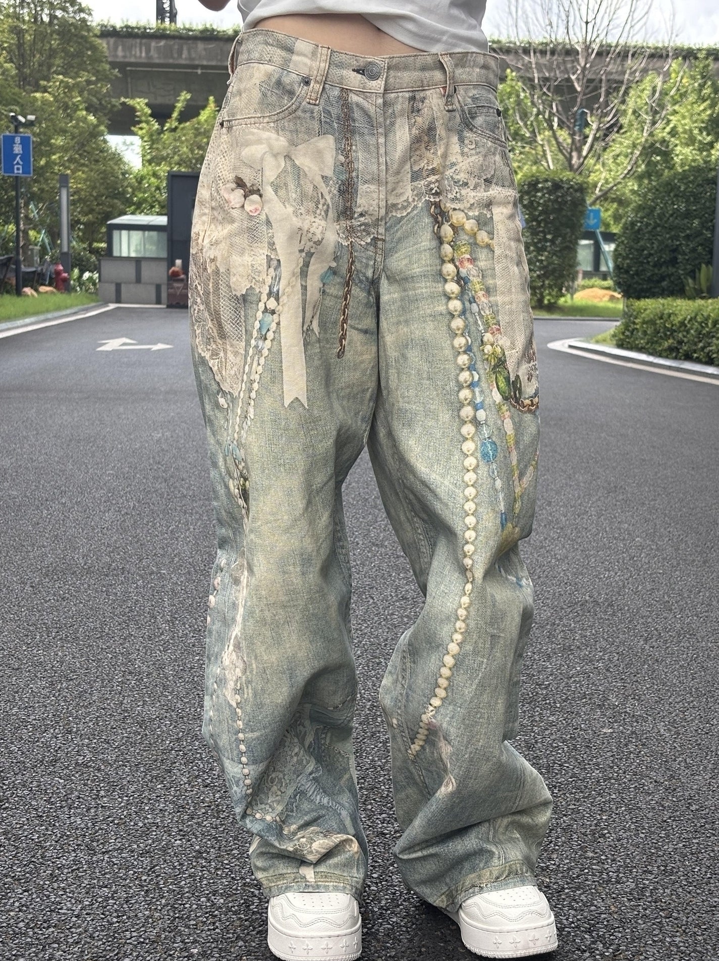 Blue Lace Pearl Beads Printed Vintage Jeans