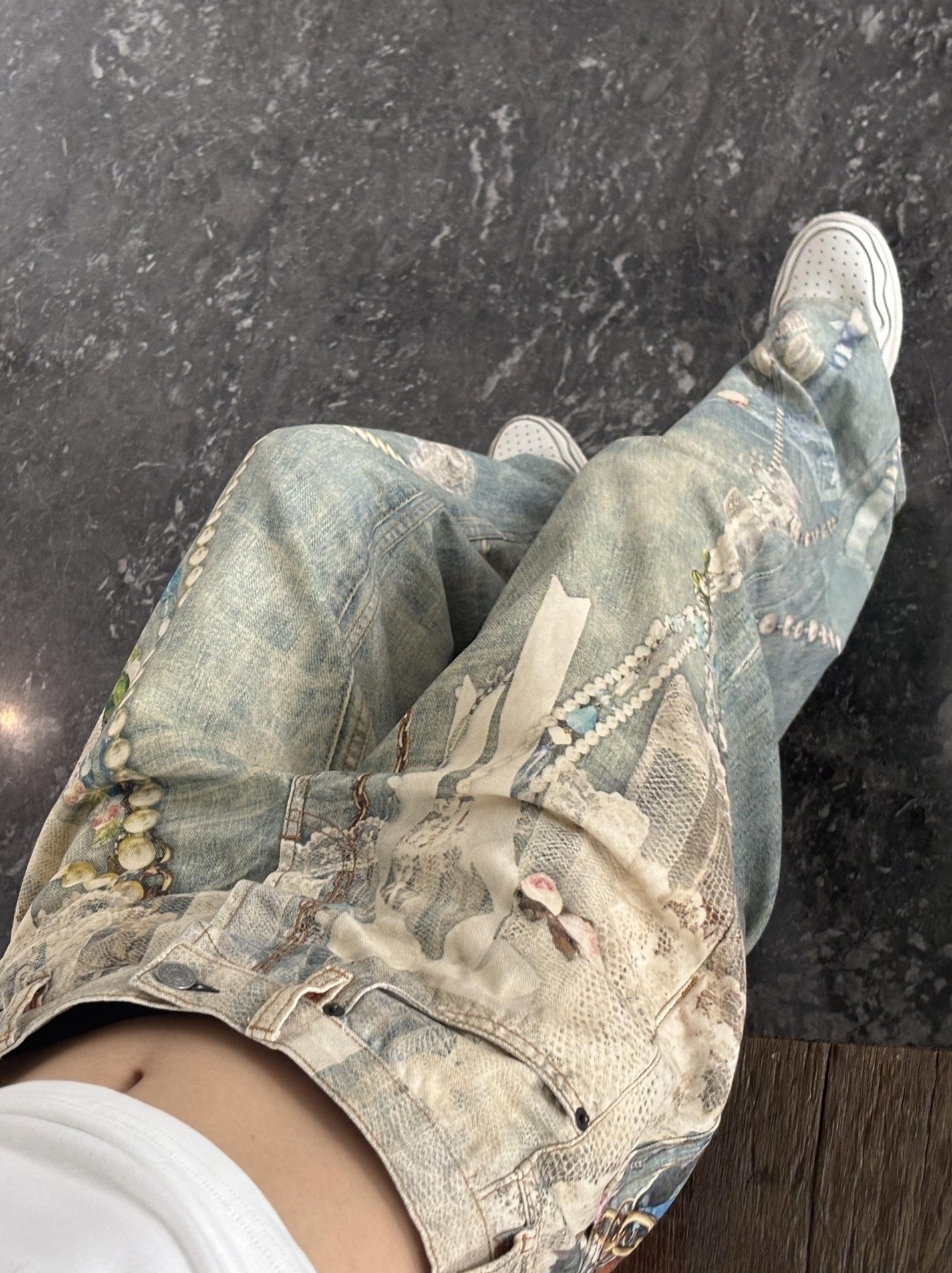 Blue Lace Pearl Beads Printed Vintage Jeans