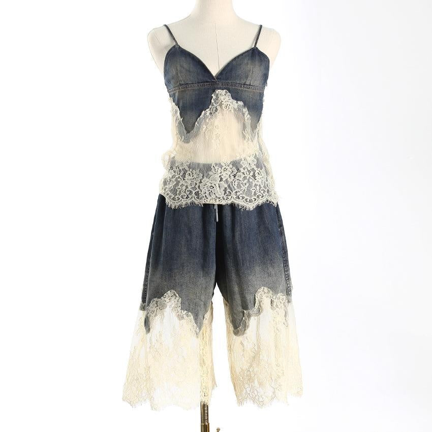 Blue Lace-Trim Denim Shorts