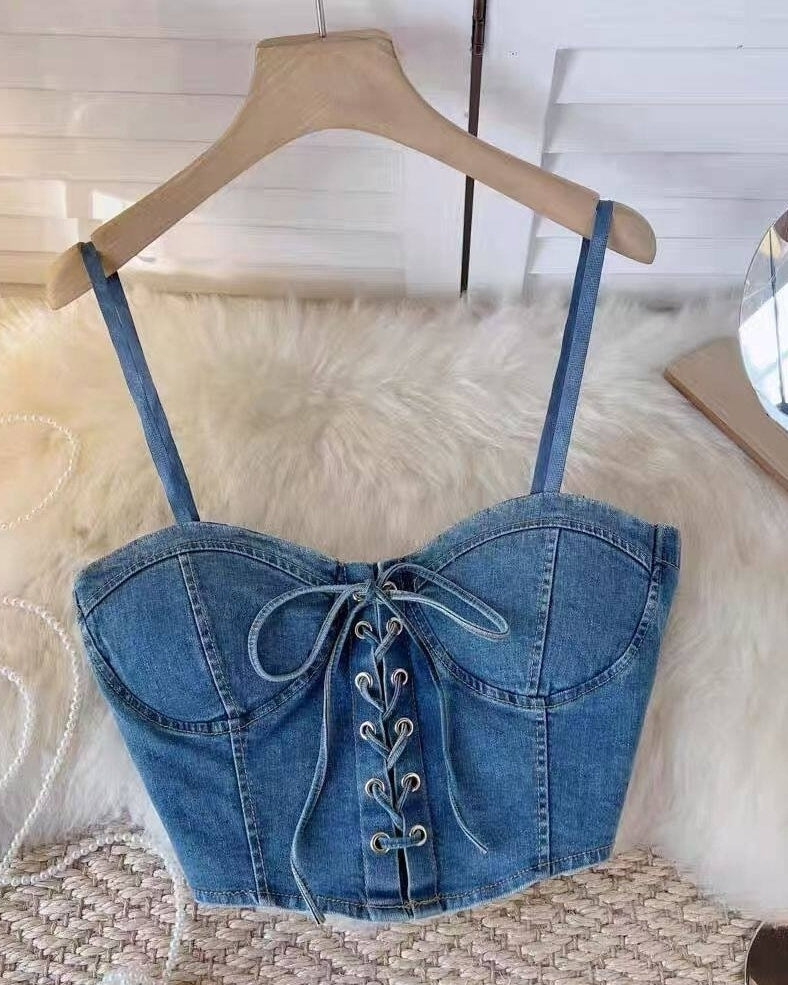 Blue Lace-Up Adjustable Bustier Denim Crop Top