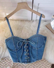 Blue Lace-Up Adjustable Bustier Denim Crop Top