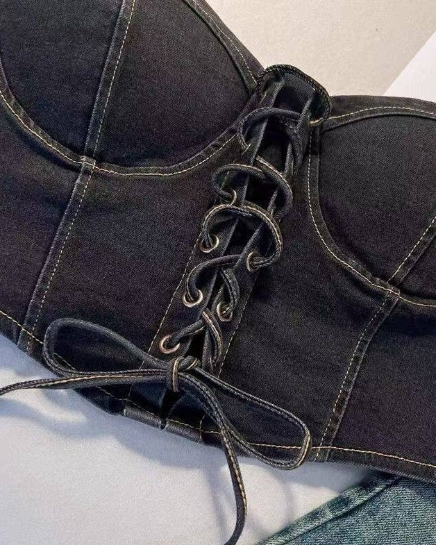 Blue Lace-Up Adjustable Bustier Denim Crop Top