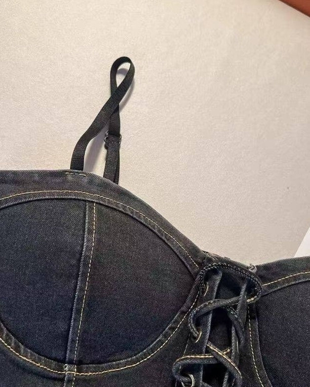 Blue Lace-Up Adjustable Bustier Denim Crop Top