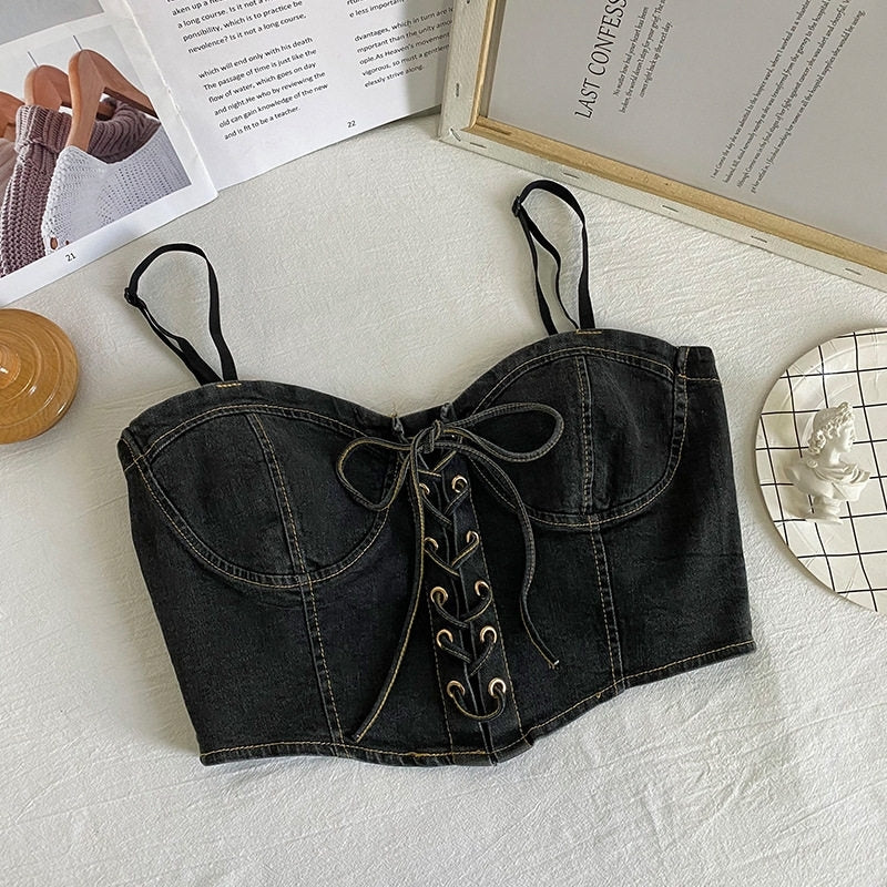 Blue Lace-Up Adjustable Bustier Denim Crop Top