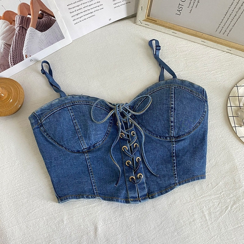 Blue Lace-Up Adjustable Bustier Denim Crop Top