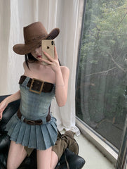 Blue Large Belt Denim Tube Dress