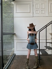 Blue Large Belt Denim Tube Dress