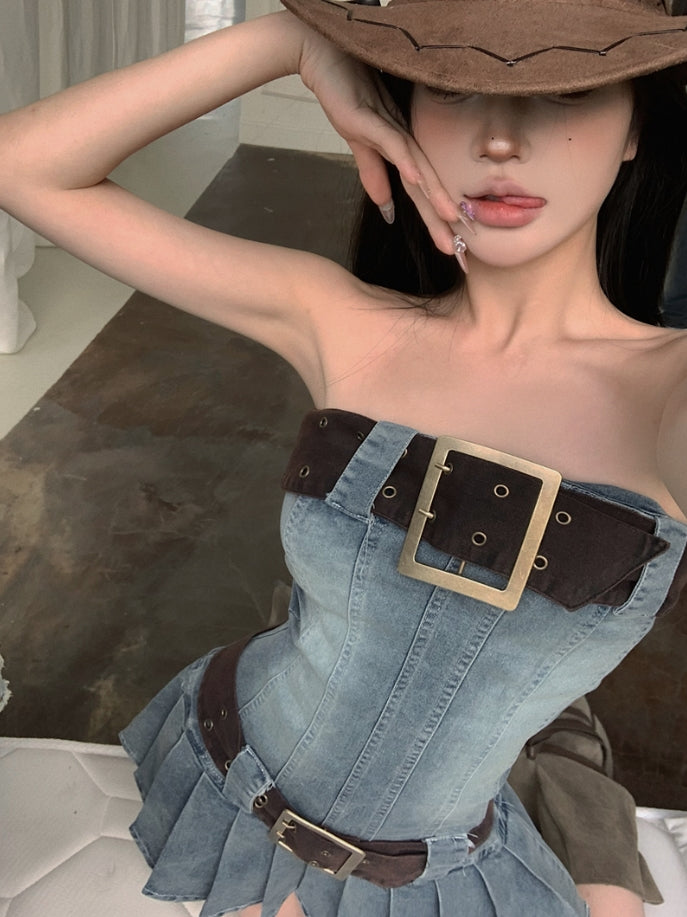 Blue Large Belt Denim Tube Dress