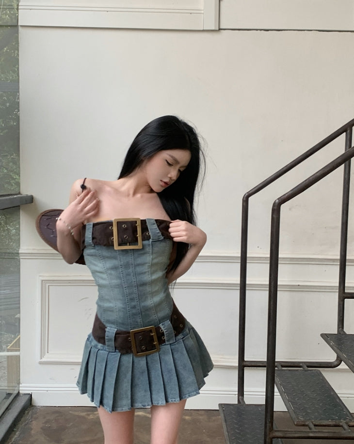 Blue Large Belt Denim Tube Dress