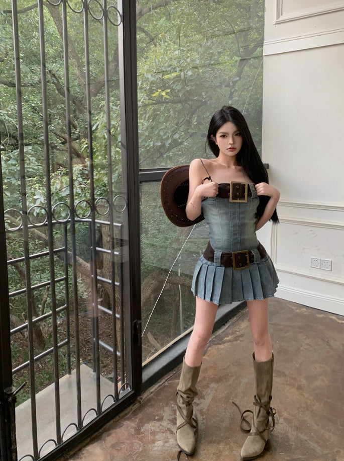 Blue Large Belt Denim Tube Dress
