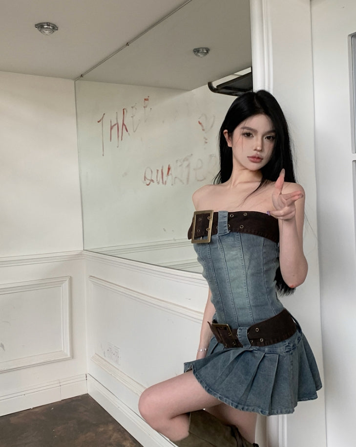 Blue Large Belt Denim Tube Dress