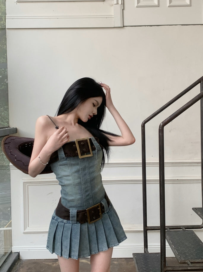 Blue Large Belt Denim Tube Dress