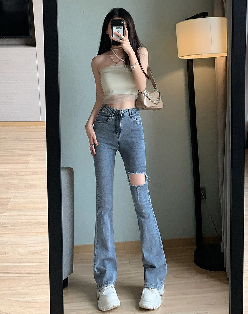 Blue Large Rip Flare Jeans