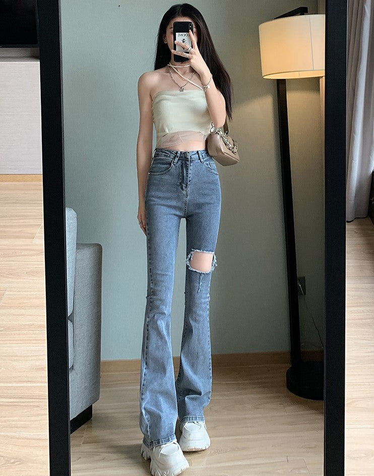 Blue Large Rip Flare Jeans