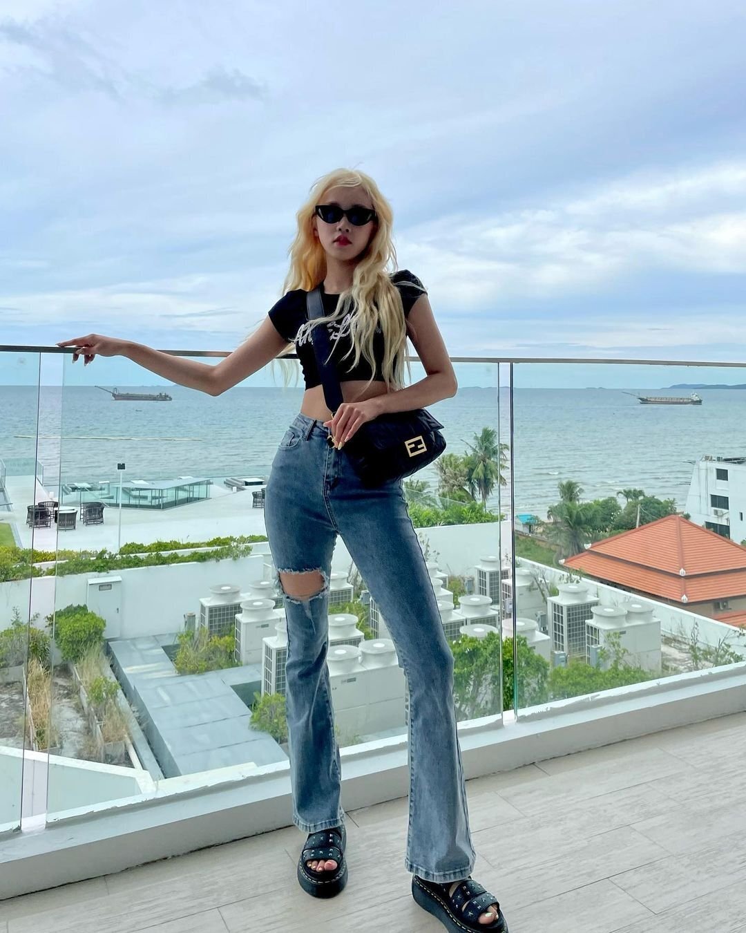Blue Large Rip Flare Jeans