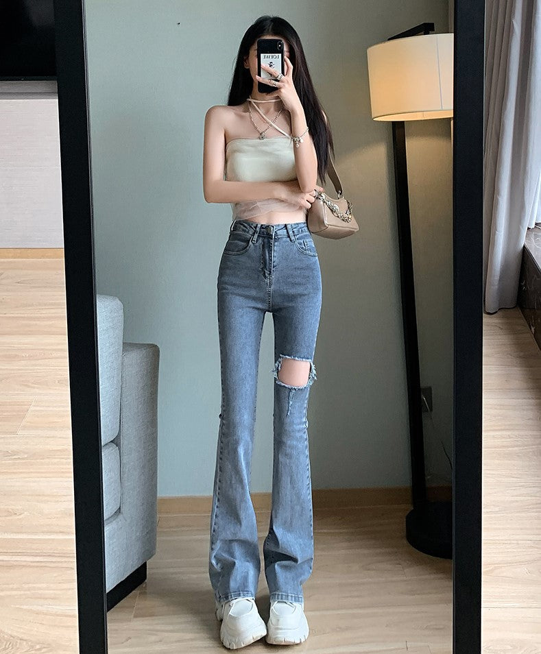 Blue Large Rip Flare Jeans