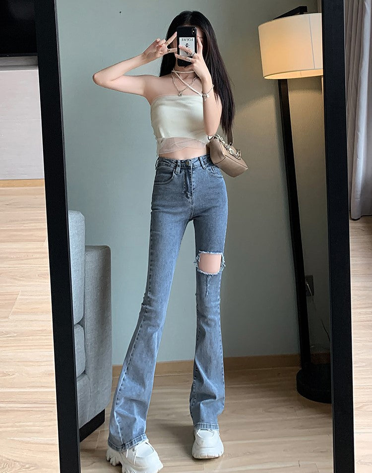 Blue Large Rip Flare Jeans