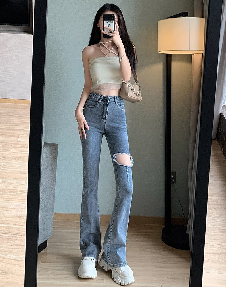 Blue Large Rip Flare Jeans