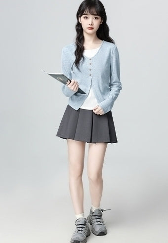 Blue Layered Long Sleeve Asymmetrical Waist Top