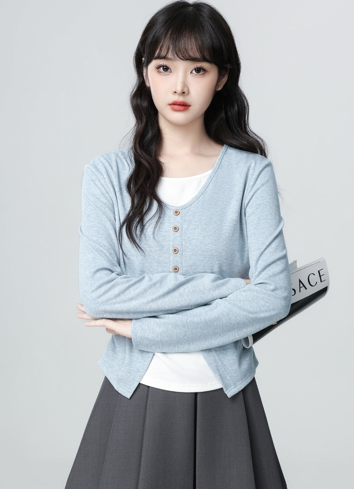 Blue Layered Long Sleeve Asymmetrical Waist Top