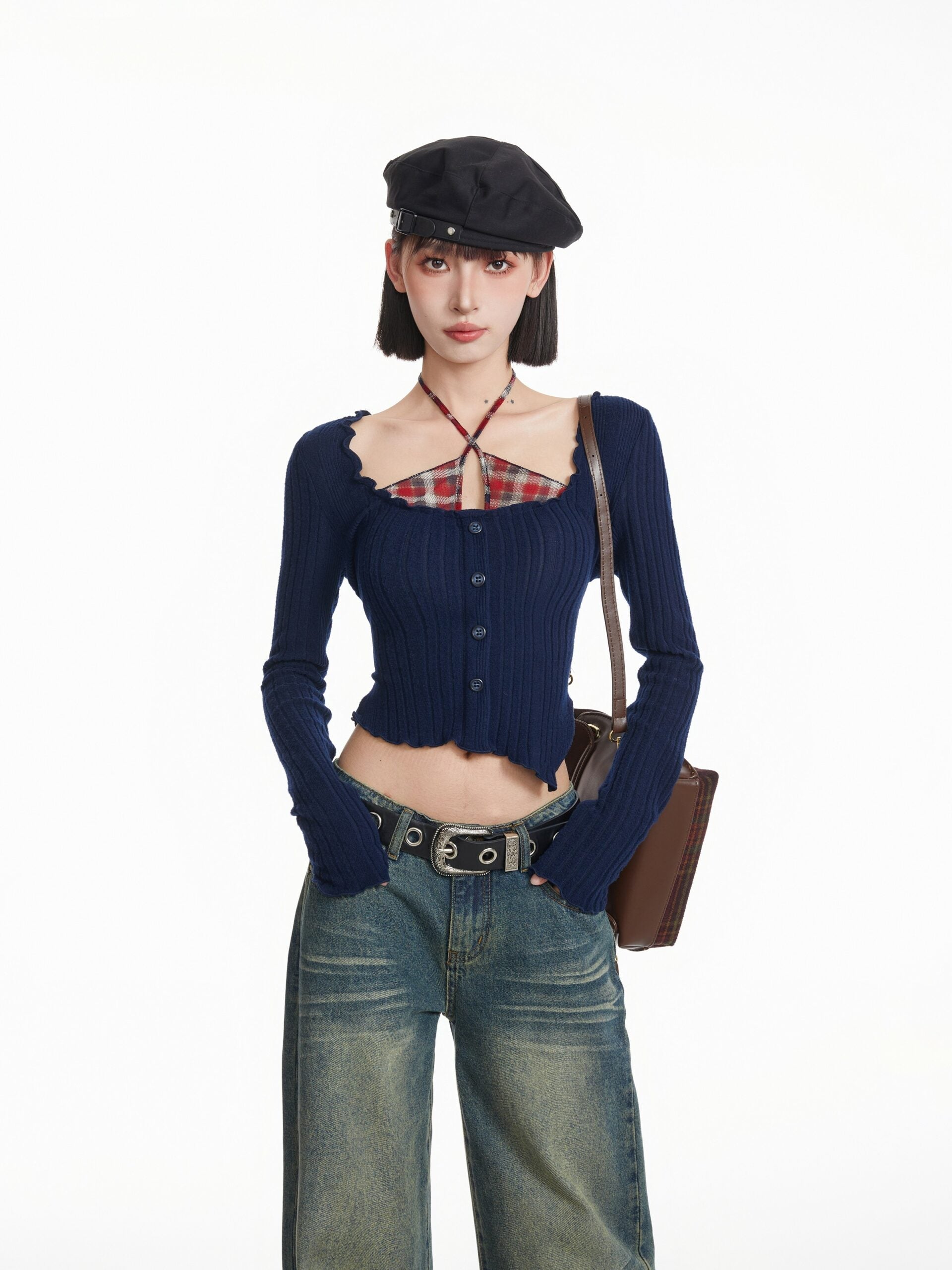 Blue Layered Long Sleeve Knit Top