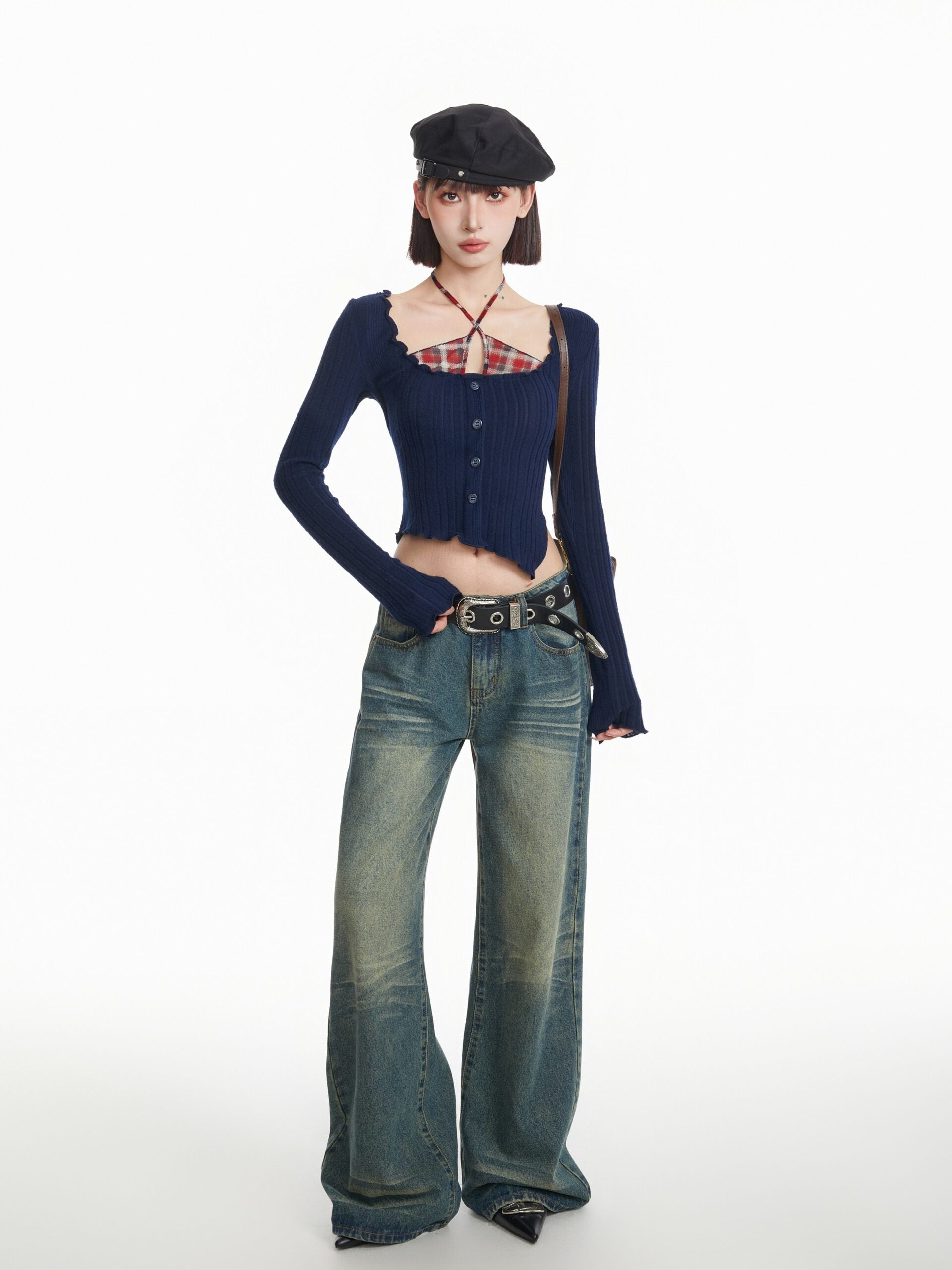 Blue Layered Long Sleeve Knit Top