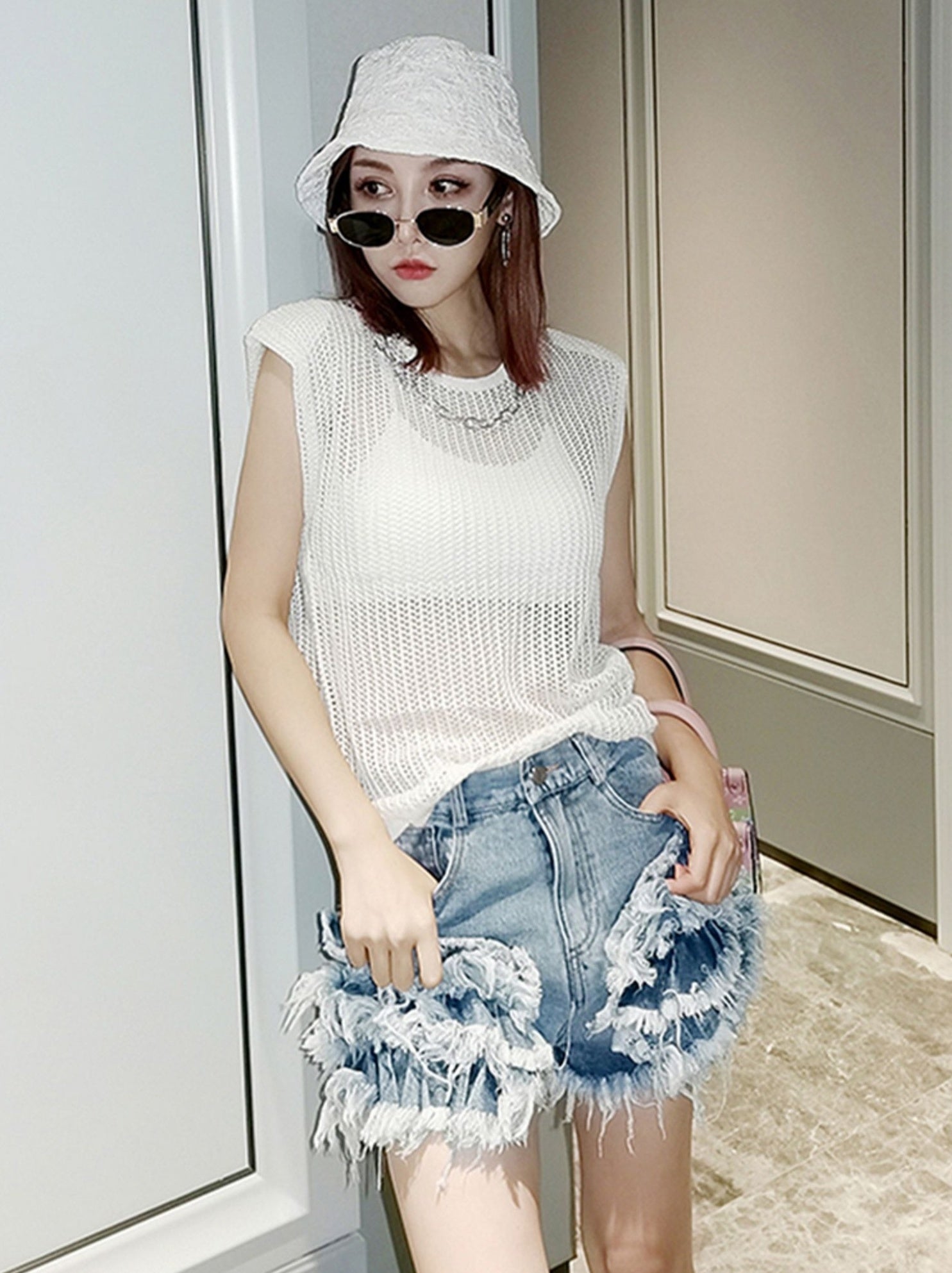 Blue Layered Ragged Ruffles Denim Shorts