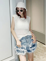 Blue Layered Ragged Ruffles Denim Shorts