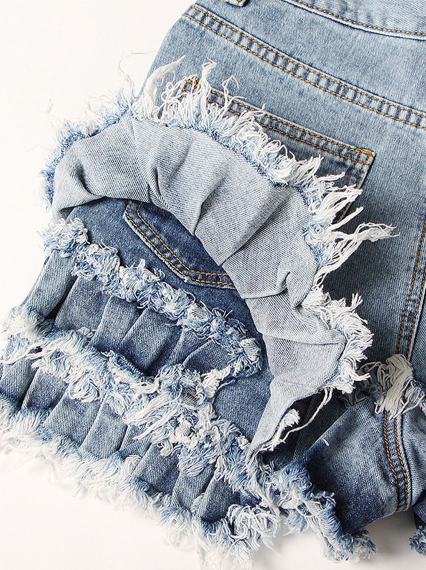 Blue Layered Ragged Ruffles Denim Shorts
