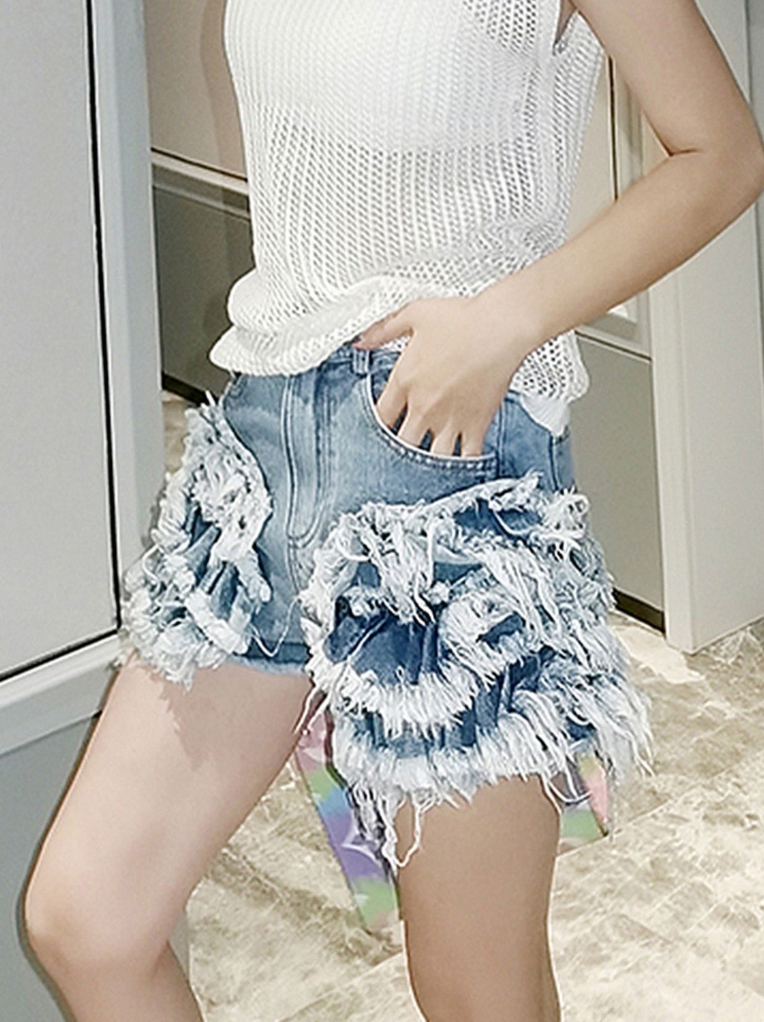 Blue Layered Ragged Ruffles Denim Shorts
