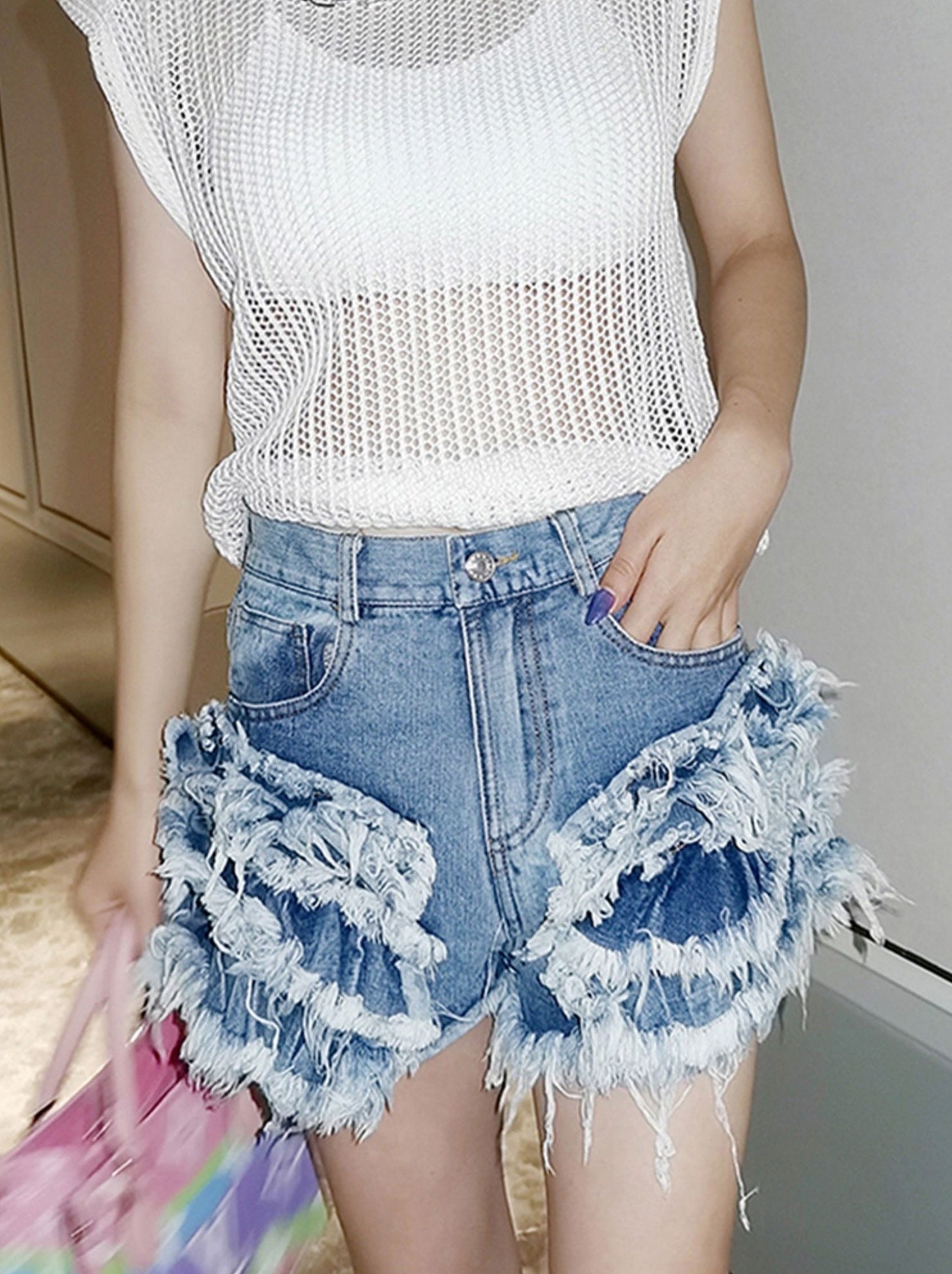 Blue Layered Ragged Ruffles Denim Shorts