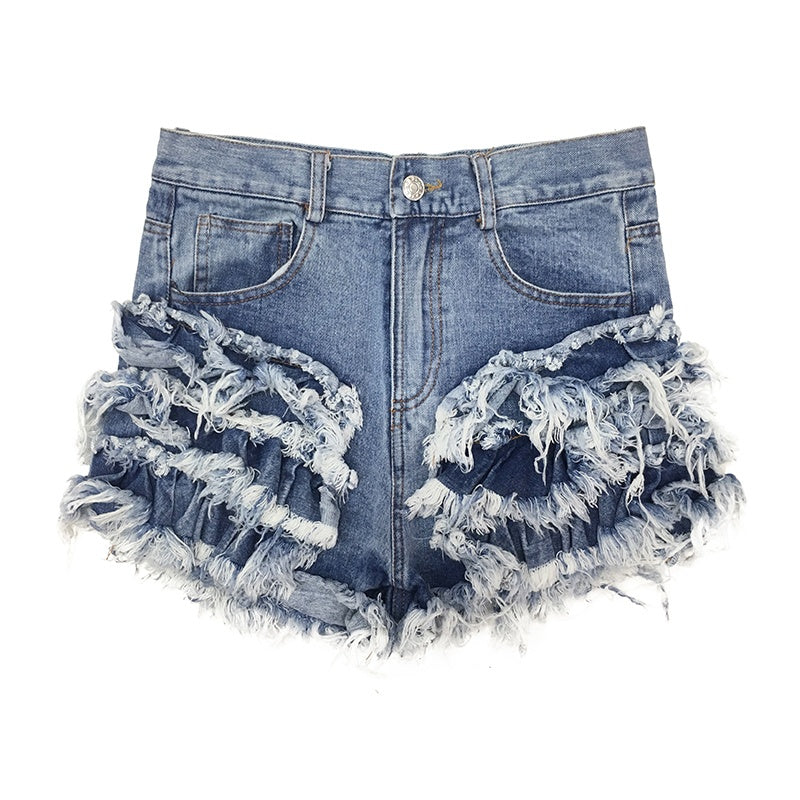 Blue Layered Ragged Ruffles Denim Shorts