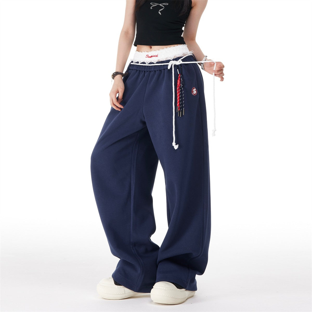 Blue Layered Style Laced Sweatpants