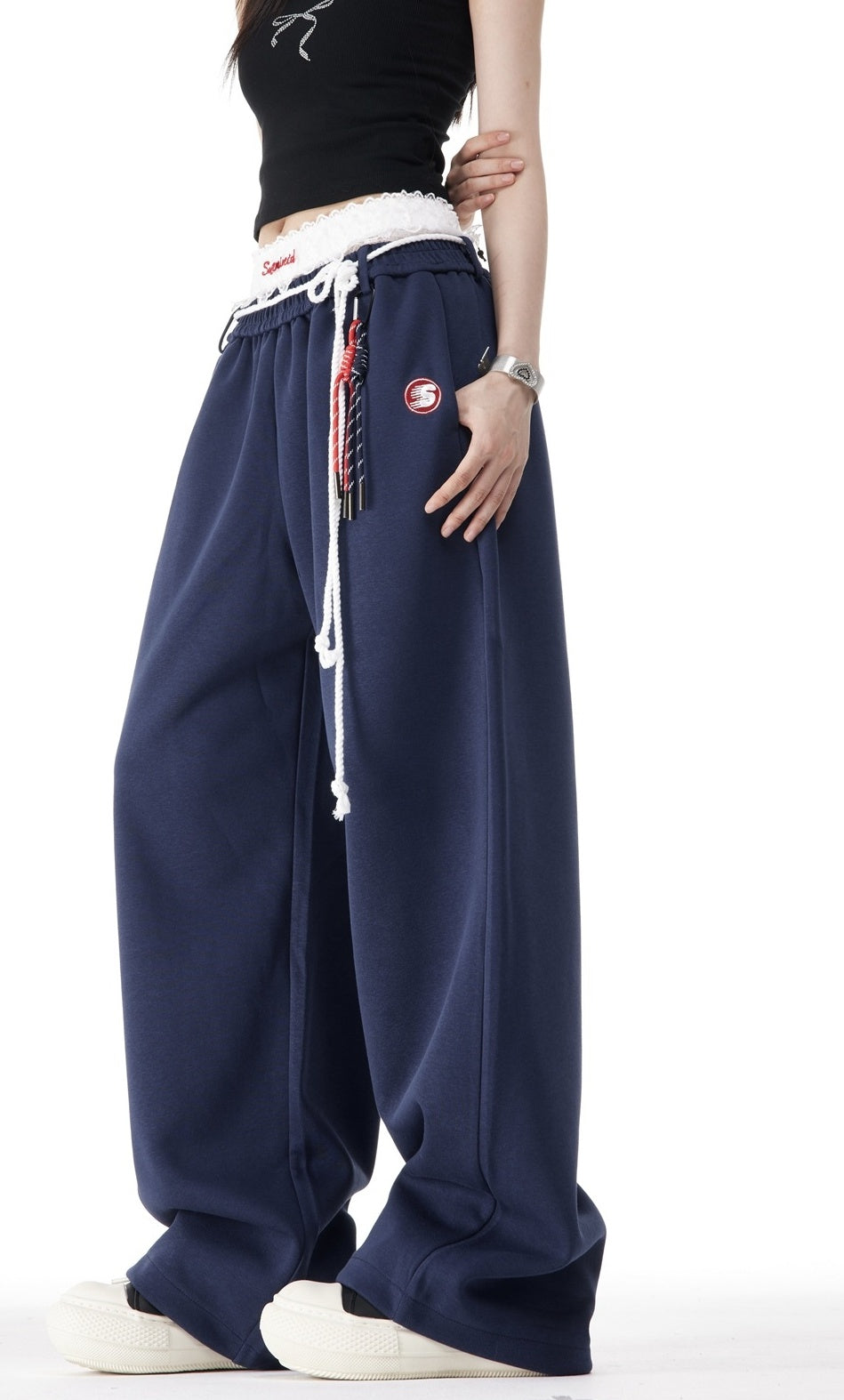 Blue Layered Style Laced Sweatpants