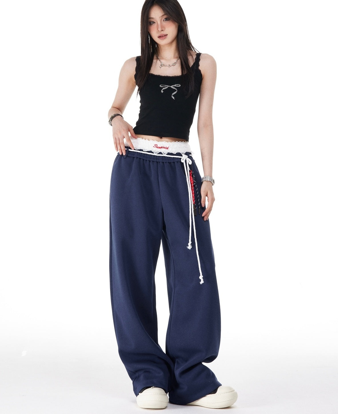 Blue Layered Style Laced Sweatpants