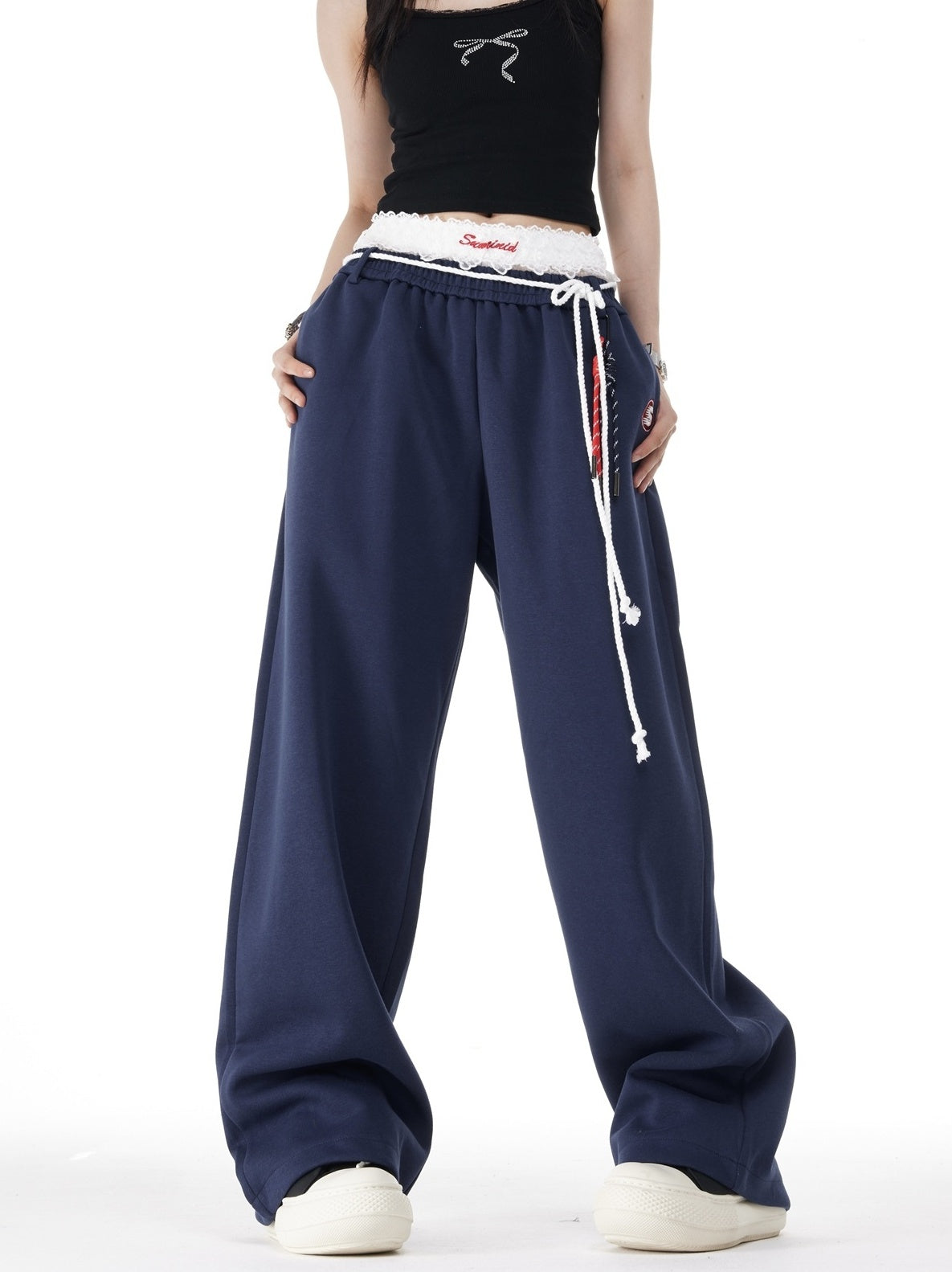 Blue Layered Style Laced Sweatpants