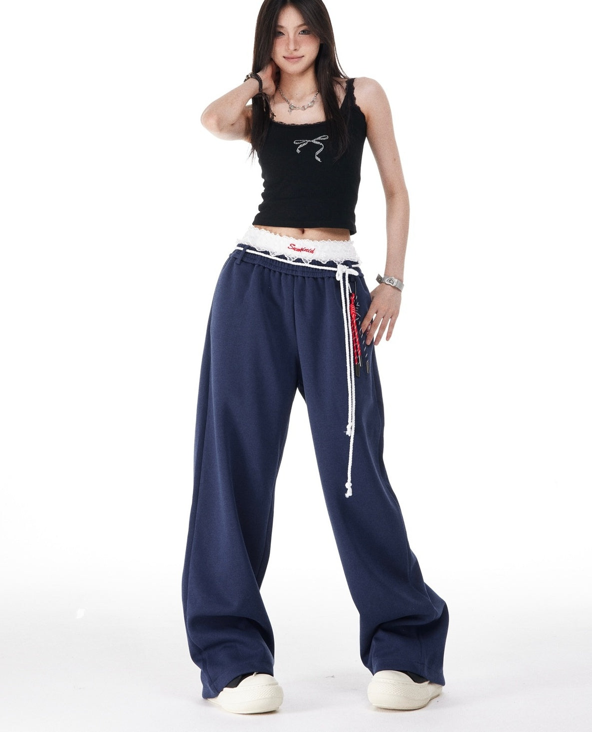 Blue Layered Style Laced Sweatpants
