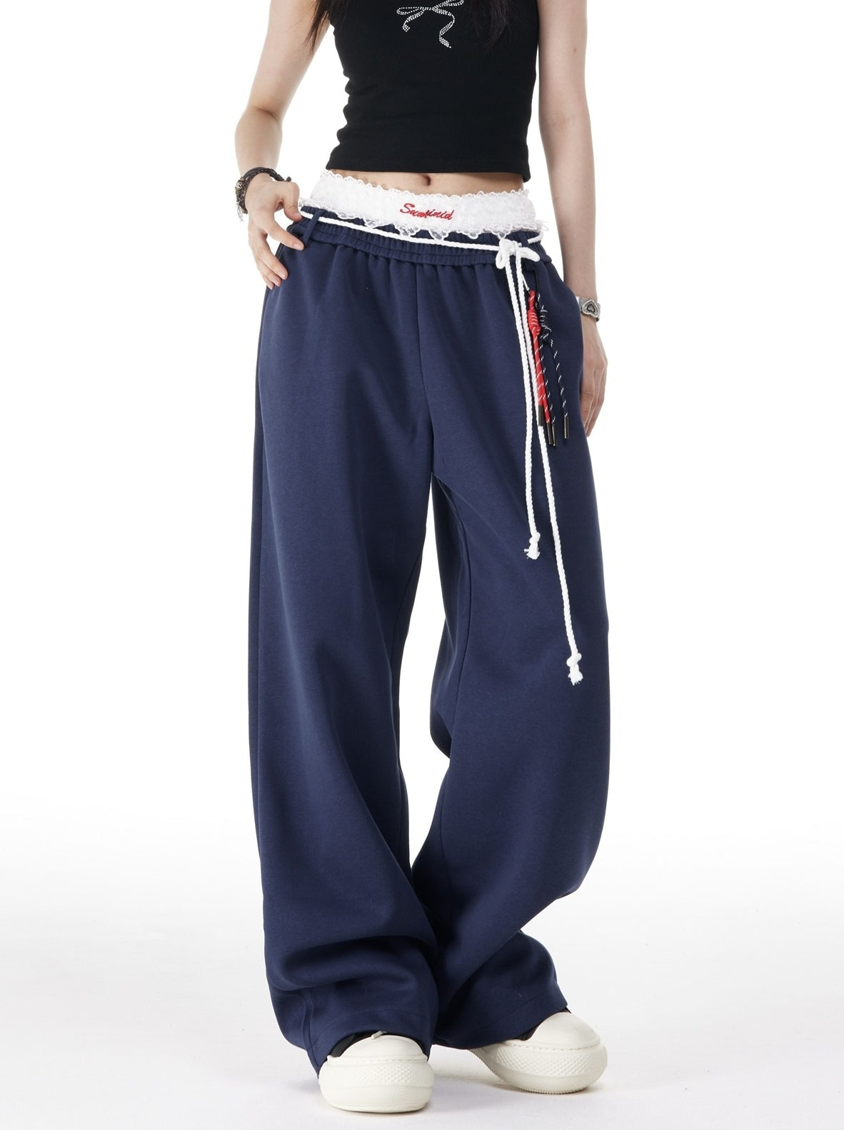 Blue Layered Style Laced Sweatpants