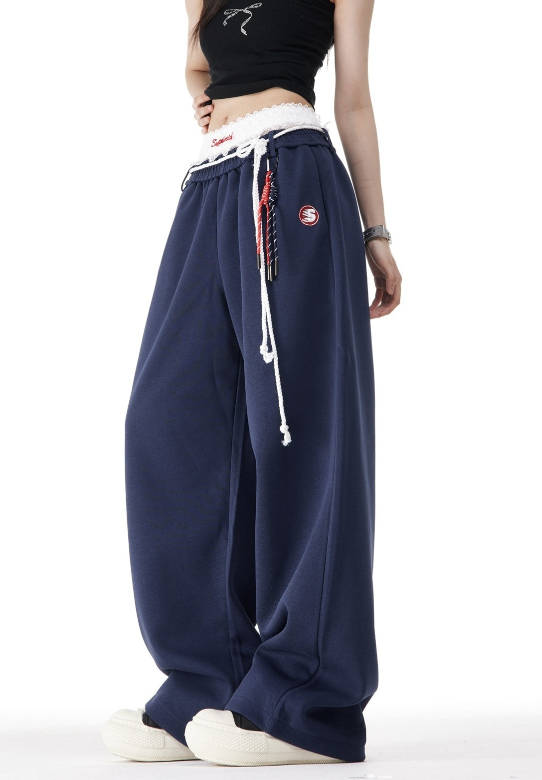Blue Layered Style Laced Sweatpants