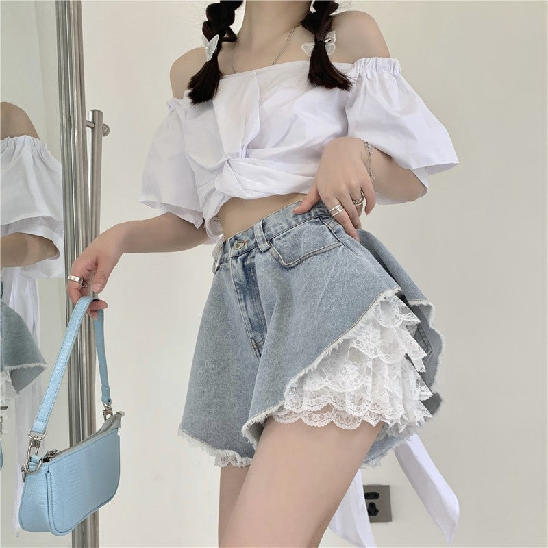 Blue Loose Denim Lace Shorts