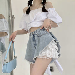 Blue Loose Denim Lace Shorts